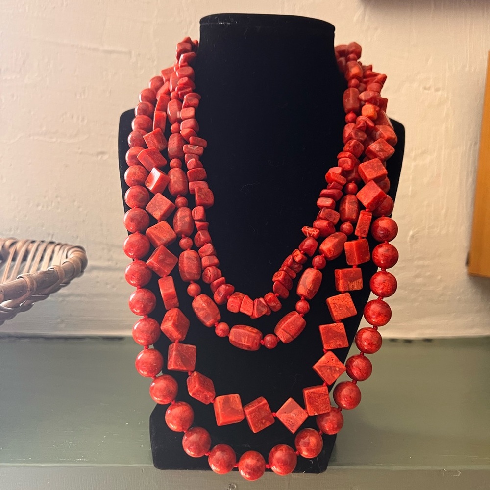 Red Orange Coral Multi Strand Bib Statement Necklace Sterling Silver Clasp
